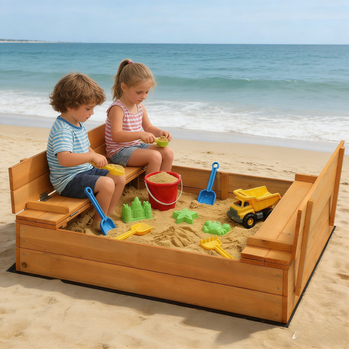 Kids square wooden sandpit - wooden,