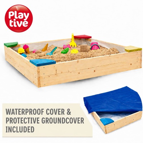 Wooden sandpit with seats - wooden, &